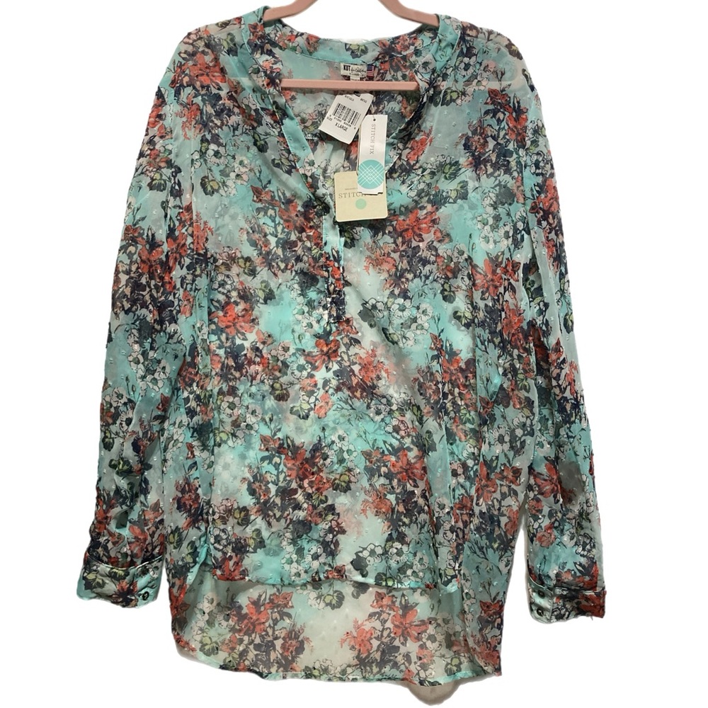 Kut From The Kloth XL Tunic Blouse Sheer Floral LS Roll Tab Sleeves NWT 14008